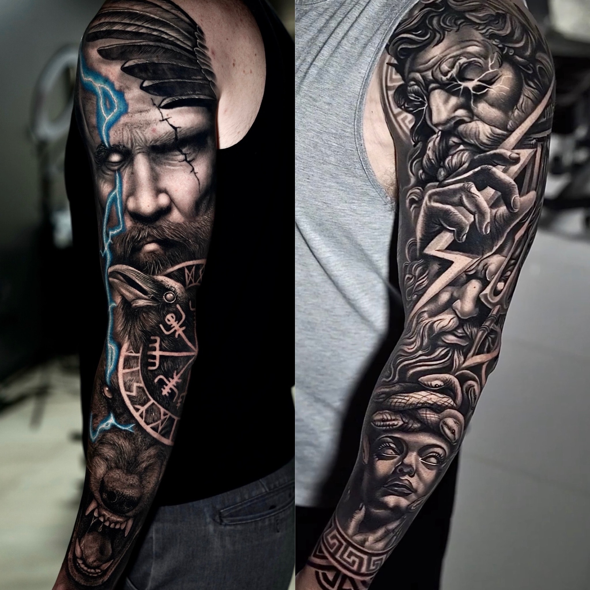 Odin Norse and Greek mythology sleeve tattoos