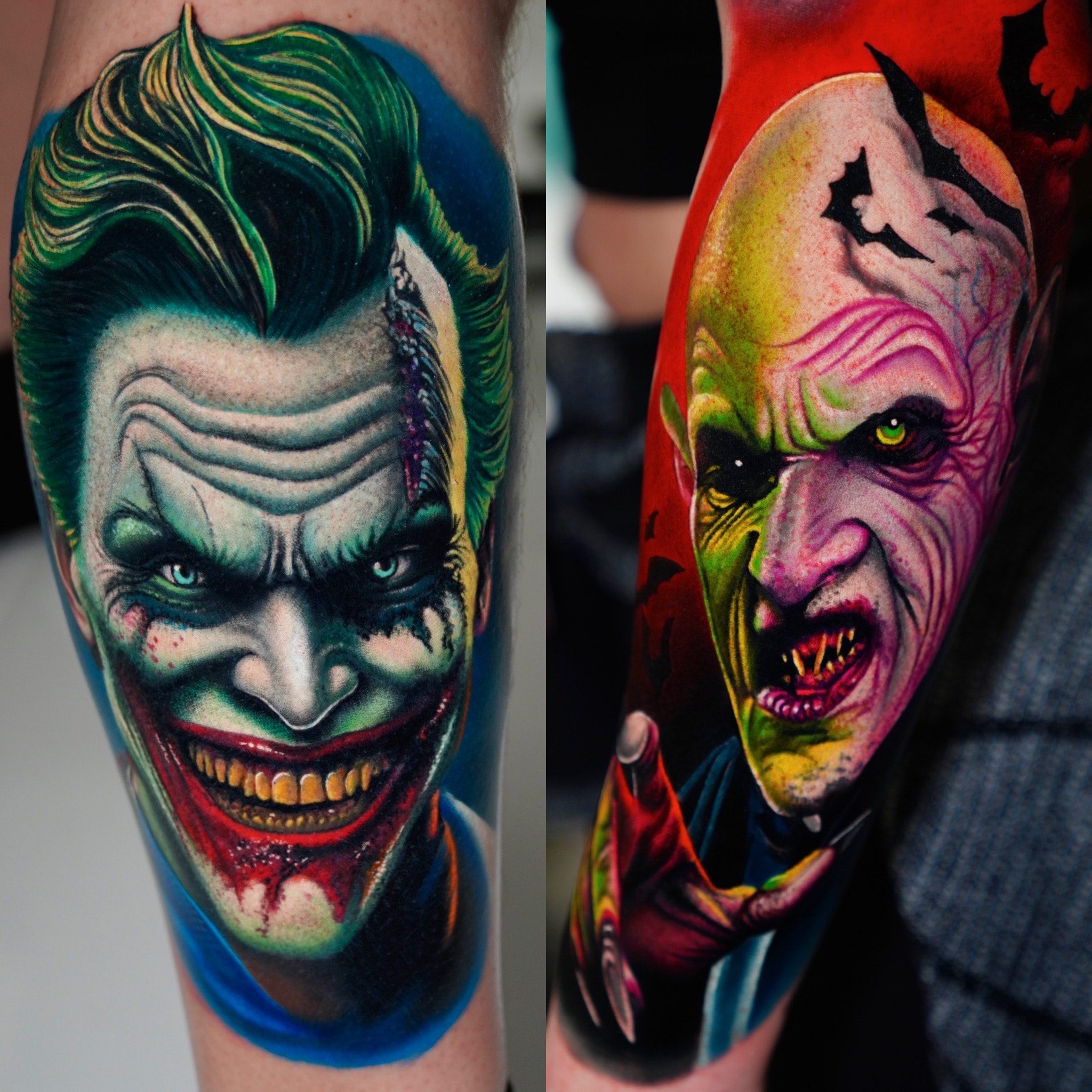 Joker and vampire character portrait tattoos
