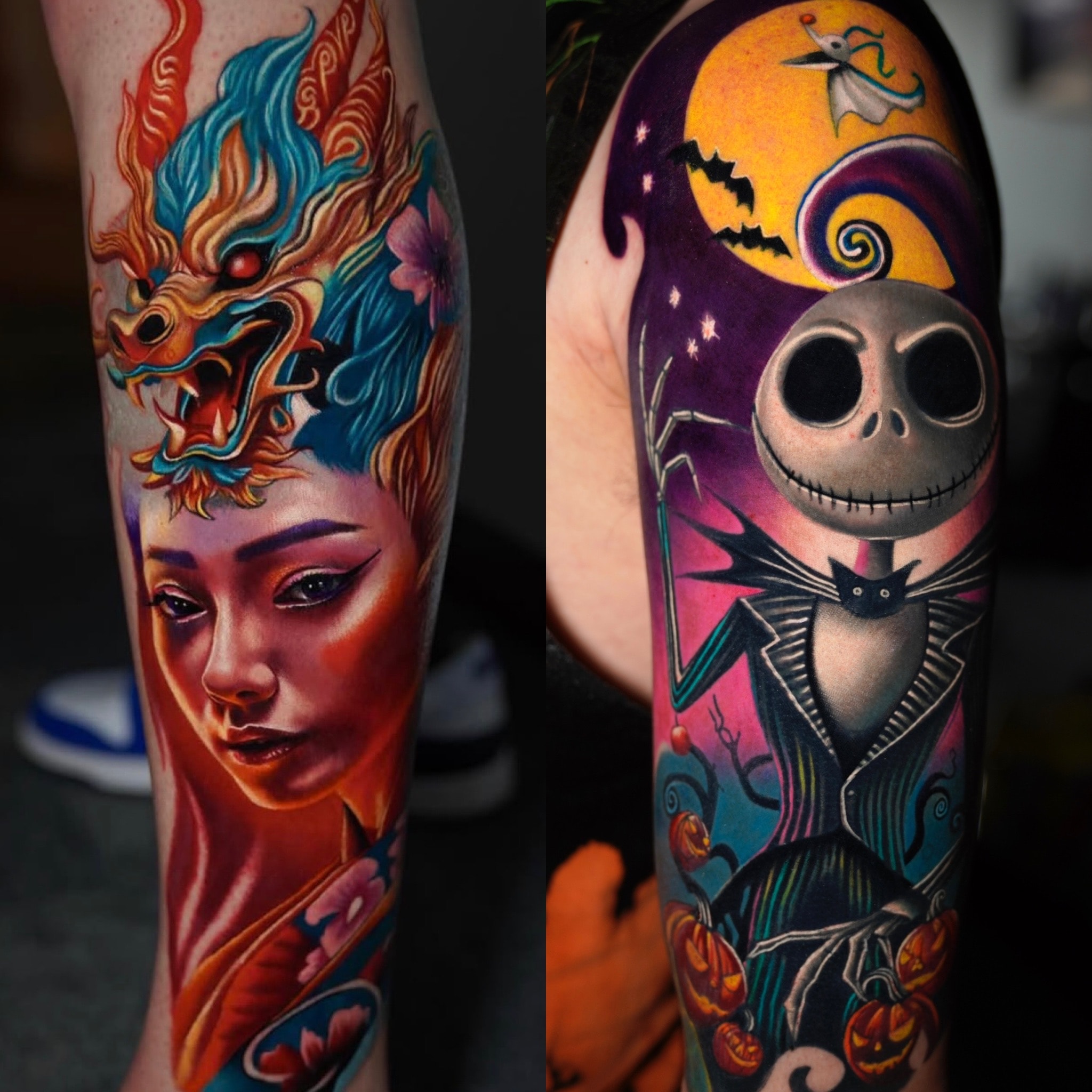 Dragon goddess and Nightmare Before Christmas sleeve tattoos
